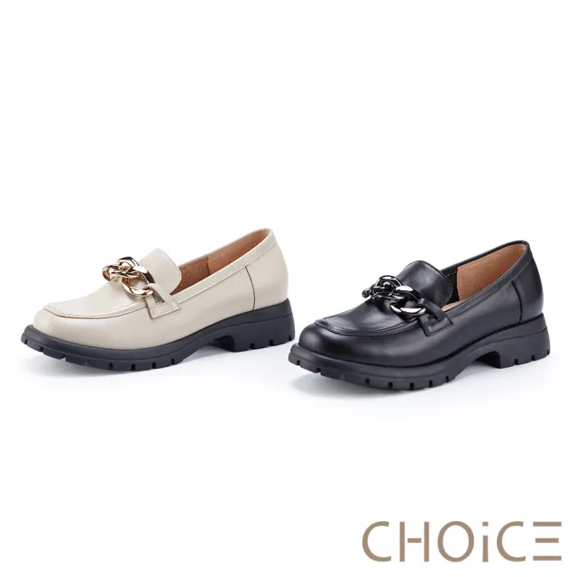 【CHOiCE】牛皮金屬鍊厚底樂福鞋(黑色)