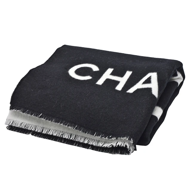 CHANEL 香奈兒CHANEL 香奈兒 經典品牌LOGO喀什米爾羊毛圍巾(黑白色AA7825-BLK)