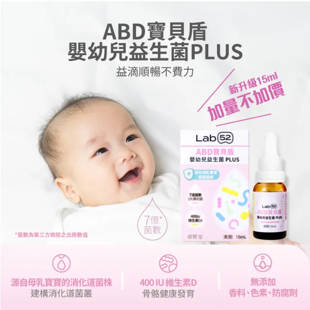 【Lab52 齒妍堂】ABD寶貝盾嬰幼兒益生菌滴劑10mL(營養師推薦/添加維生素D/專利3大菌株添加/純淨無添加配方)