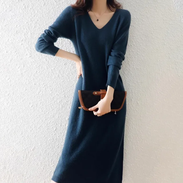 【LANNI 藍尼】★V領柔軟長袖素色連身裙(洋裝/淑女/長版上衣)