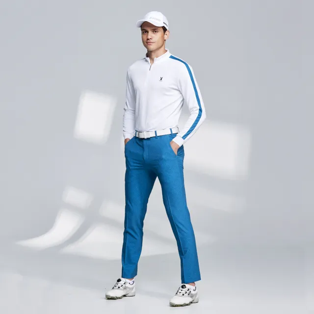 【PLAYBOY GOLF】男款文字緹織吸濕排汗立領長袖POLO衫-白(蓄熱保溫/高爾夫球衫/AA23220-87)