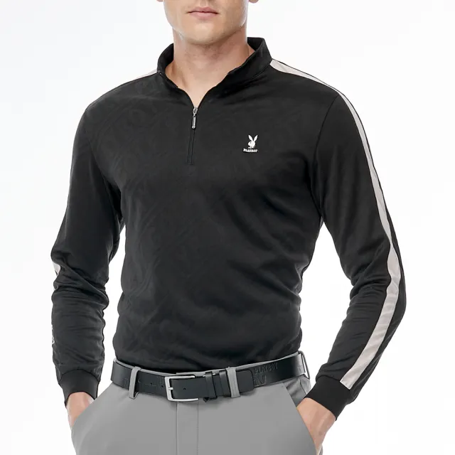 【PLAYBOY GOLF】男款文字緹織吸濕排汗立領長袖POLO衫-黑(蓄熱保溫/高爾夫球衫/AA23220-88)