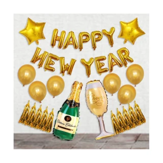 質感金HAPPY NEW YEAR 香檳酒杯跨年氣球組1組(派對 氣球 跨年 新年 春節 布置 裝飾)