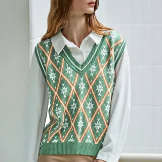 【ILEY 伊蕾】復古雪花菱格紋提織針織背心(綠色；M-XL；1233015737)