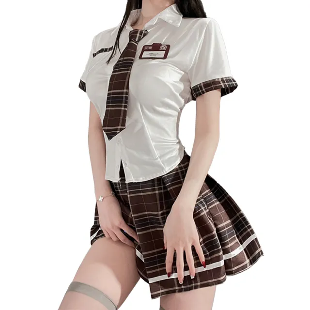 【愛衣朵拉】學生制服 米白色襯衫學生服套裝+領帶+名牌+格子百摺裙(角色扮演經典格子制服)