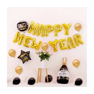 派對佈置HAPPY NEW YEAR金色跨年香檳氣球組1組(派對 氣球 跨年 新年 春節 布置 裝飾)