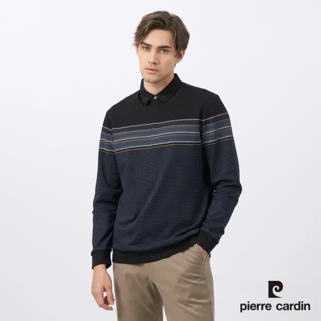 【pierre cardin 皮爾卡登】休閒服飾 男款 棉質混紡印花假兩件襯衫領長袖POLO衫-黑色(5235297-99)