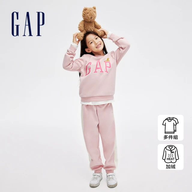 GAP 女童裝 Logo小熊印花刷毛長袖長褲家居套裝-粉色(857430)