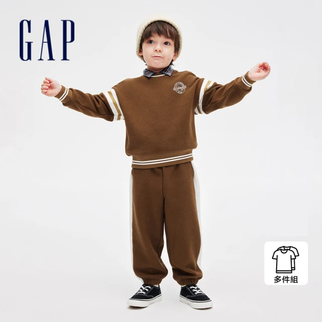 GAP 男童裝 Logo小熊印花刷毛長袖長褲家居套裝 碳素軟