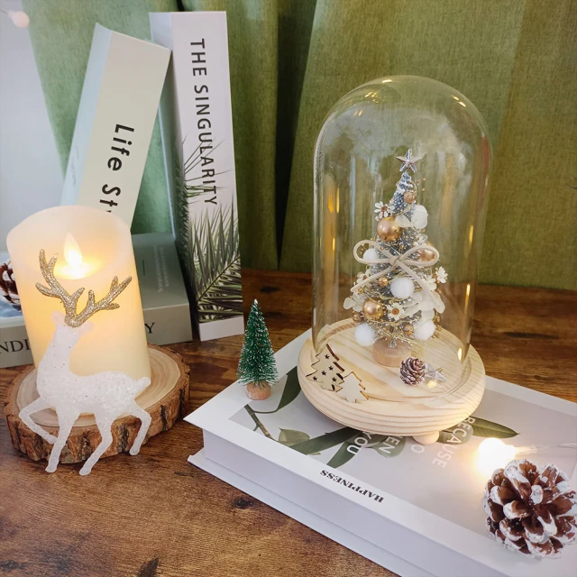 KIRA與花花藝 聖誕獻禮．永生花聖誕樹LED玻璃罩大款-雪花白(夜燈/聖誕禮物/聖誕節/交換禮物/聖誕樹)