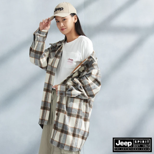 JEEP 女裝 格紋長版毛呢長袖外套(咖啡色)