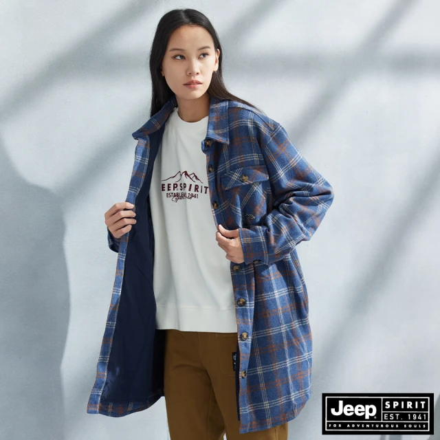 JEEP 女裝 格紋長版毛呢長袖外套(藍色)