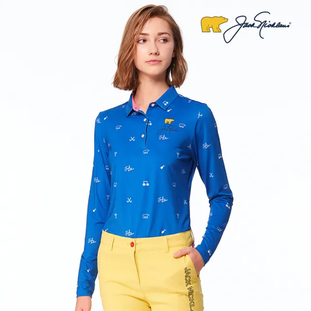 【Jack Nicklaus 金熊】GOLF女款數位印花彈性吸濕排汗POLO/高爾夫球衫(藍色)