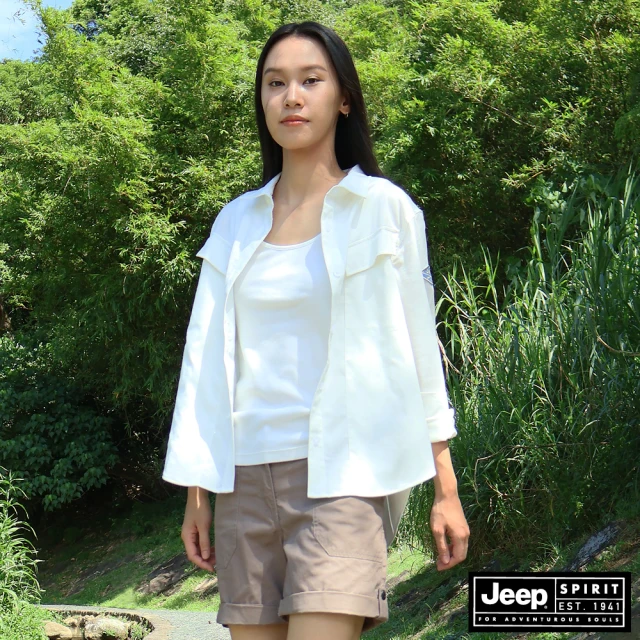 JEEPJEEP 女裝 斜邊口袋剪接長袖襯衫(白色)