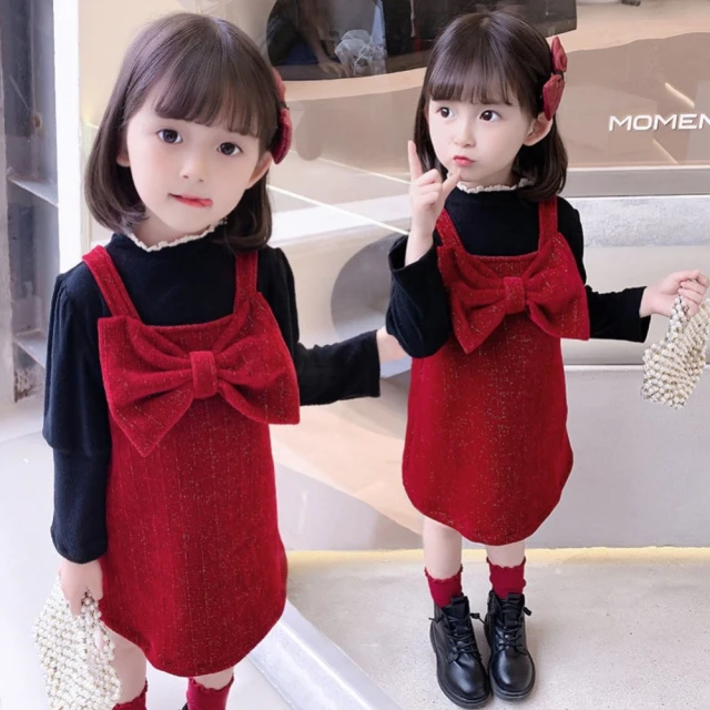 Arbea 女童洋裝秋冬全新韓版洋氣女公主裙兒童加絨兩件套(兩件式套裝)
