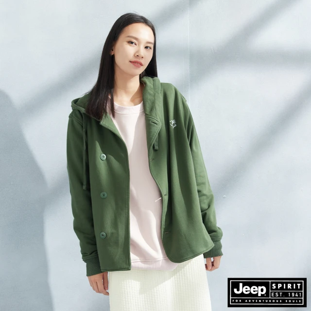 JEEP 女裝 不對稱刺繡長袖帽T外套(綠色)