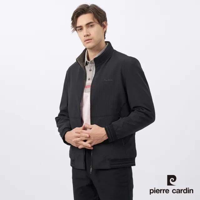 【pierre cardin 皮爾卡登】男款 都會休閒格紋立領鋪棉外套-深灰色(5235751-98)