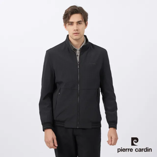 【pierre cardin 皮爾卡登】男款 都會休閒格紋立領鋪棉外套-深灰色(5235751-98)