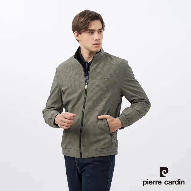 【pierre cardin 皮爾卡登】男款 都會休閒格紋立領鋪棉外套-橄欖綠色(5235751-45)