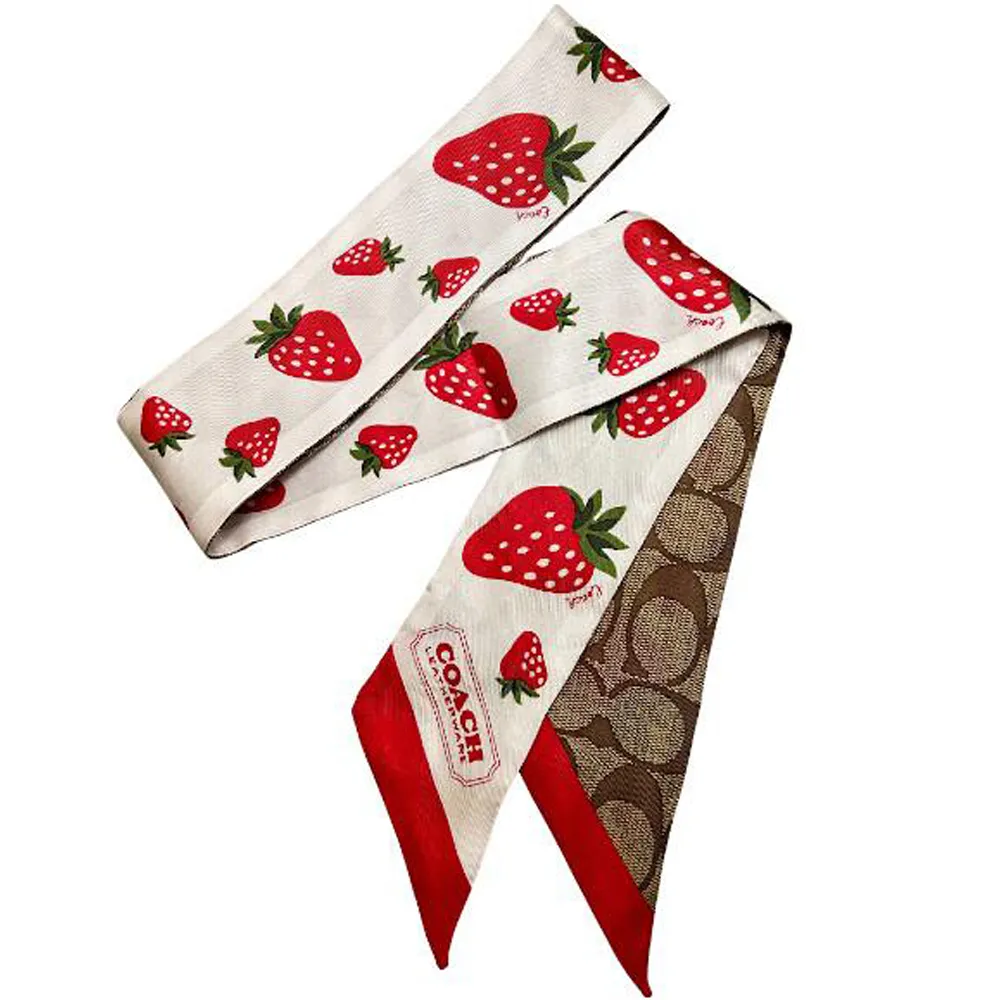 【COACH】紅草莓X白X卡其滿版LOGO蠶絲細版絲巾