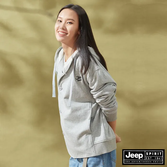 【JEEP】女裝 不對稱刺繡長袖帽T外套(灰色)