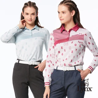 【Lynx Golf】女款合身版品牌字樣雙面緹花剪接羅紋袖造型下擺開杈款長袖POLO衫/高爾夫球衫(二色)