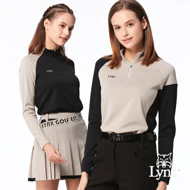 【Lynx Golf】女款合身版吸排抗UV機能環保素材剪接配布造型左領印花長袖立領POLO衫/高爾夫球衫(二色)