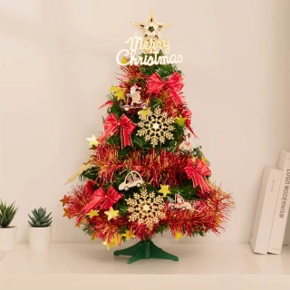 【摩達客】2尺/2呎-60cm精緻型裝飾綠色聖誕樹-金雪花木質吊飾紅金系全套飾品組不含燈
