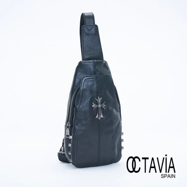 【OCTAVIA 8】雙11 搖滾十字架 復古牛皮斜胸背包 - 光影黑(全真皮  斜胸背)