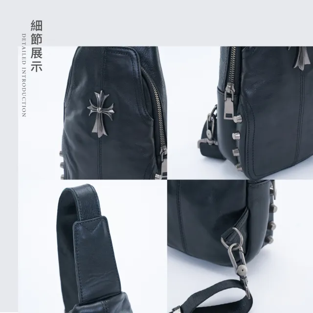 【OCTAVIA 8】雙11 搖滾十字架 復古牛皮斜胸背包 - 光影黑(全真皮  斜胸背)