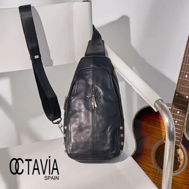 【OCTAVIA 8】搖滾十字架 復古牛皮斜胸背包 - 光影黑(全真皮 斜胸背)
