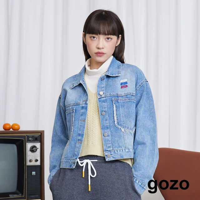 gozo MOMO獨家款★限量開賣 gozo三次方抽鬚短版牛仔外套(淺藍)