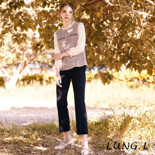 【LUNG.L 林佳樺】LN16E 藍色羅馬布前開叉小喇叭長褲(女裝 保暖 秋冬款)