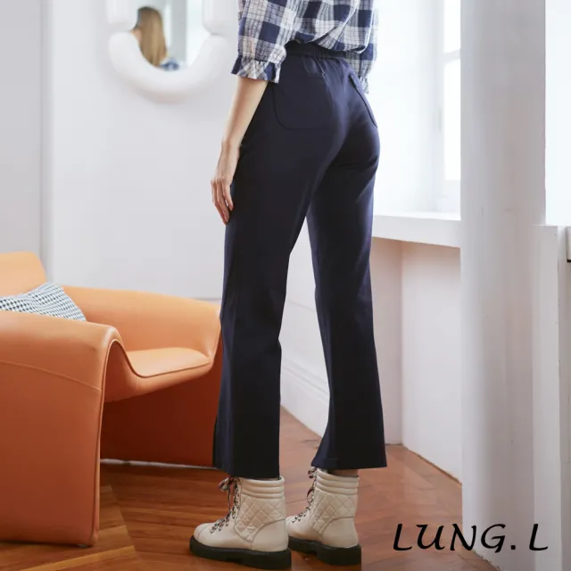 【LUNG.L 林佳樺】LN16E 藍色羅馬布前開叉小喇叭長褲(女裝 保暖 秋冬款)