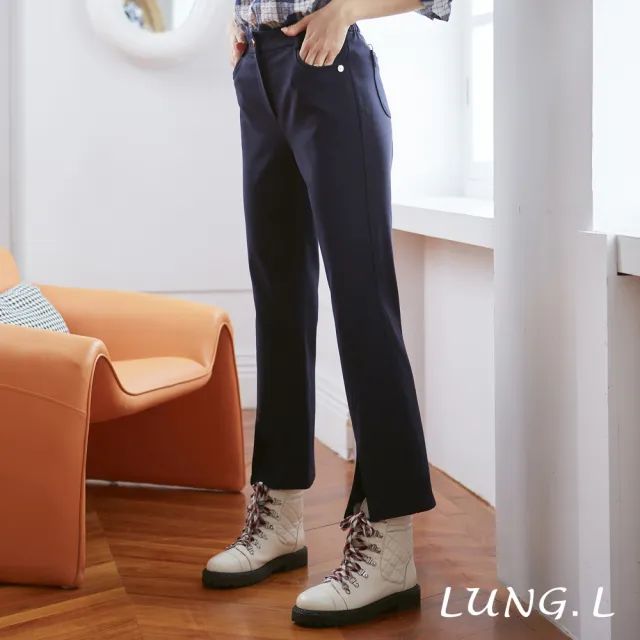 【LUNG.L 林佳樺】LN16E 藍色羅馬布前開叉小喇叭長褲(女裝 保暖 秋冬款)