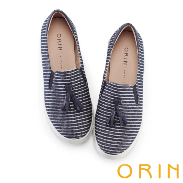 【ORIN】流蘇條紋平底休閒鞋(藍色)