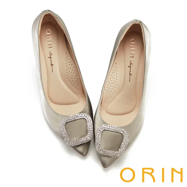 【ORIN】方釦鑽飾絲綢牛皮高跟鞋(灰色)