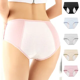 【Kosmiya】5件組 三層防側漏純棉透氣生理褲/防漏褲/中腰內褲/女內褲/棉質內褲(5色可選/L-2XL)