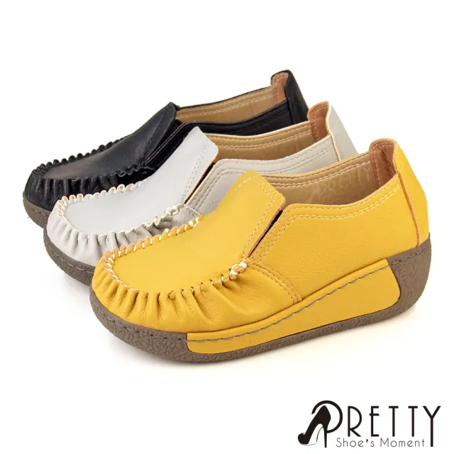 【Pretty】女鞋 厚底休閒鞋 懶人鞋 彈力氣墊 楔型 輕量 台灣製(黃色、灰色、黑色)