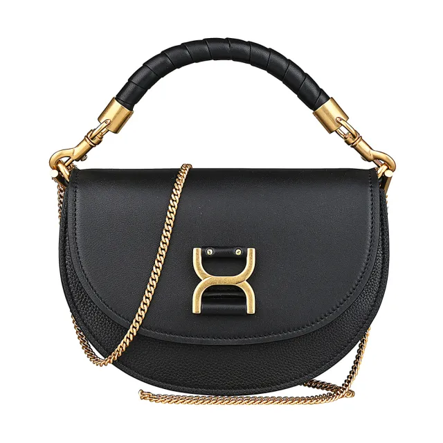 【Chloe’ 蔻依】CHLOE MARCIE字母LOGO小羊皮拼荔枝紋小牛皮吸扣式鏈帶手提斜背馬鞍包(黑)