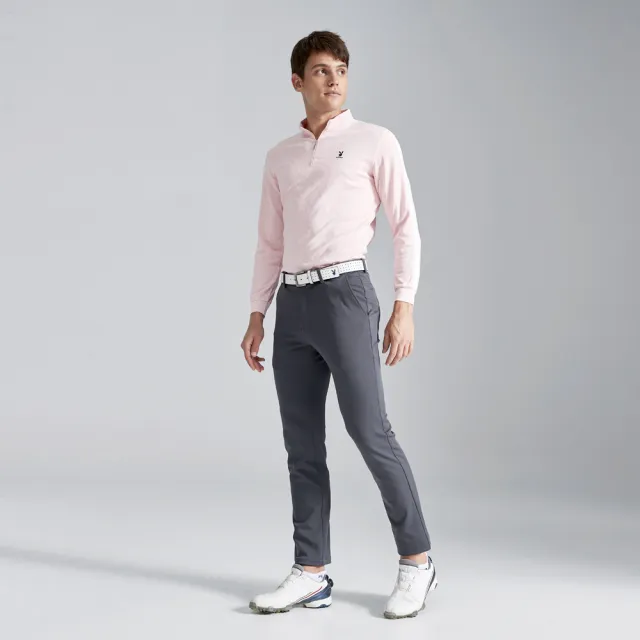 【PLAYBOY GOLF】男款文字緹織吸濕排汗立領長袖POLO衫-粉紅(蓄熱保溫/高爾夫球衫/AA23220-13)