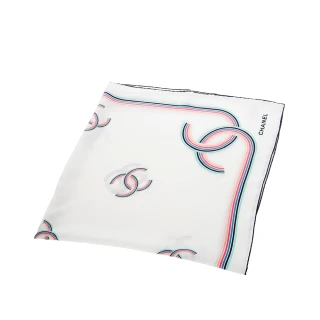 【CHANEL 香奈兒】新款雙C 大LOGO桃紅多彩真絲斜紋方巾(白色/彩色)