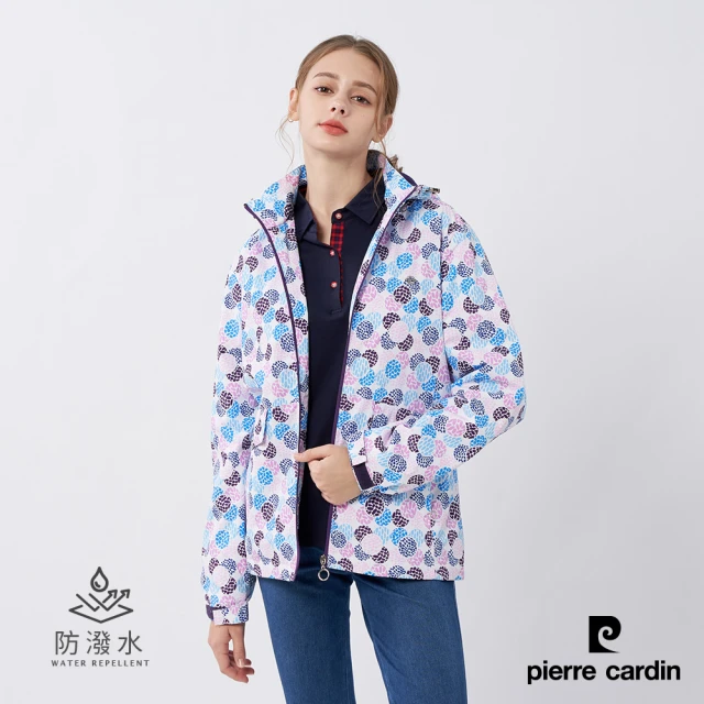 pierre cardin 皮爾卡登 女款 戶外防風防潑水可拆帽北歐風印花外套-紫色(6235791-28)