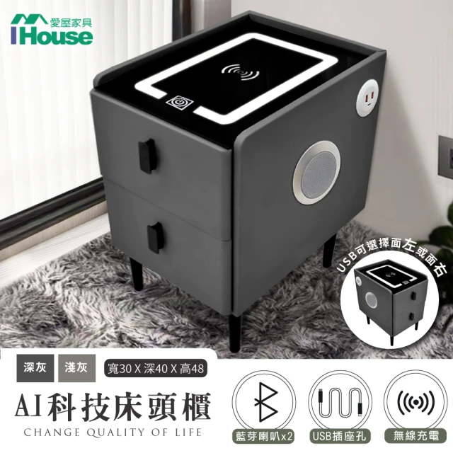 IHouse AI科技床頭櫃/邊櫃 觸控夜燈+無線充電+USB+藍芽喇叭(30*40*48)