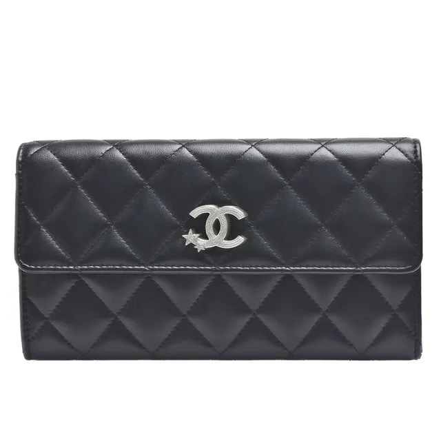 【CHANEL 香奈兒】經典星星點綴刻紋雙C LOGO菱格粒紋小羊牛皮暗釦長夾(黑色AP3724L-BLK-SS)