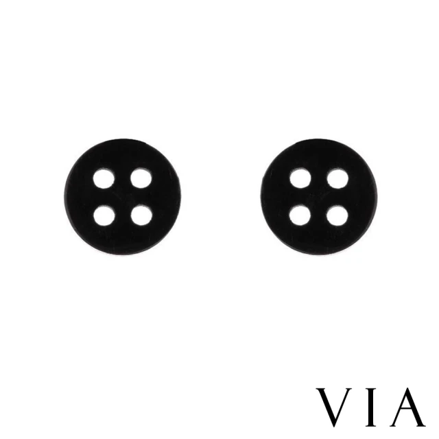 【VIA】白鋼耳釘 鈕扣耳釘/時尚系列 復古經典鈕扣造型白鋼耳釘(黑色)