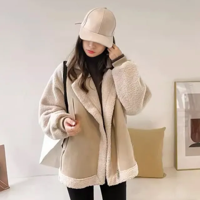 【ONEY 歐妮】★大翻領拼接麂皮絨毛夾克外套(復古/撞色/女裝)