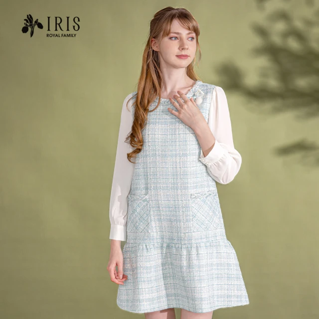 IRIS 艾莉詩 湖水綠低腰剪接花呢洋裝(36626)優惠推