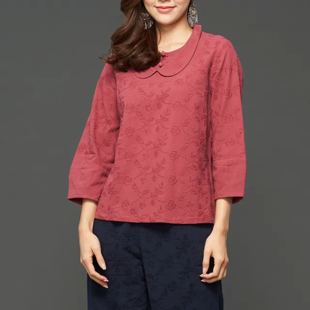 【古典美】97022刺繡翻領上衣(茶禪服/中國風/國服/漢服/手染服/棉麻/亞麻/天然纖維)