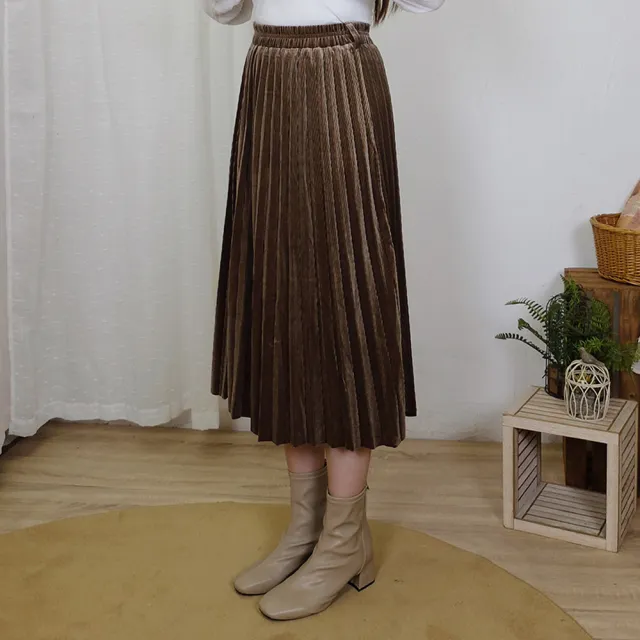 【Hana Mokuba】花木馬日系女裝鬆緊腰光澤感絨面壓褶長裙(長裙)